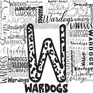 May include: Black and white graphic design of the letter W with a leopard print pattern. The letter is surrounded by the word "Wardogs" repeated in various sizes and styles.