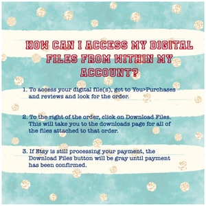 May include: A turquoise and white striped background with gold glitter polka dots. Text in red and white reads: "HOW CAN I ACCESS MY DIGITAL FILES FROM WITHIN MY ACCOUNT?"  Instructions for accessing digital files on Etsy are listed in three steps.