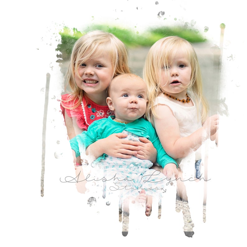 May include: Three children, two girls and a baby boy, are smiling and looking at the camera. The girls are wearing colourful shirts and the baby is wearing a turquoise shirt with a white pattern. The image has a watercolour effect.