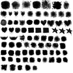 May include: A collection of 60 black and white grunge style brush strokes and shapes. The shapes include circles, squares, stars, hearts, and abstract shapes. The brush strokes are in various sizes and styles.