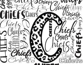 May include: Black and white graphic design featuring the letter "C" with a leopard print pattern. The letter is surrounded by the word "Chiefs" written in various styles and sizes.
