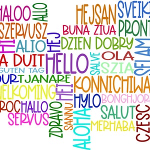 Hallo in vielen Sprachen SVG, Hallo Wortwolke, Wortwolke SVG, Schule, Cricut, Silhouette, Schnittdatei, kommerzielle Nutzung, PNG, Sofort Download