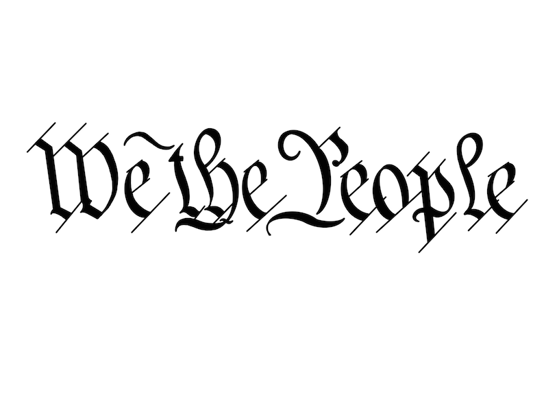 May include: A black and white image of the phrase "We the People" in a stylised font, as it appears in the US Constitution.
