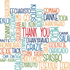 May include: A word cloud with the word "Thank You" in the center, surrounded by words for "thank you" in different languages, including "Merci", "Grazie", "Danke", "Obrigado", "Gracias", "Dziekuje", "Spasibo", "Shukriya", "Gomawo", "Dhan Yabad", "Dekuji", "Mahalo", "Terima Kasih", "Cam On", "Khaawp-Khun", "Dyakuyu", "Tesekkur", "Ederim", "Salamat", "Tack", "Dhonnabad", "Asante", "Au Kun", "Mh Goi", "Efcharisto", "Dank Je", and "Toda".