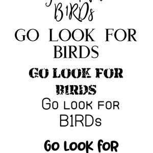 May include: A black and white graphic design with the text "Go look for BIRDS" repeated five times in different fonts and styles.