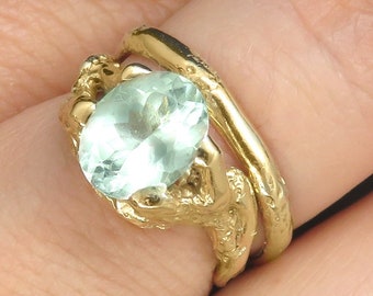 14K Yellow Gold Engagement Ring with Green Aquamarine and a Slim Wedding Band of Similar Design - Organic Jewelry