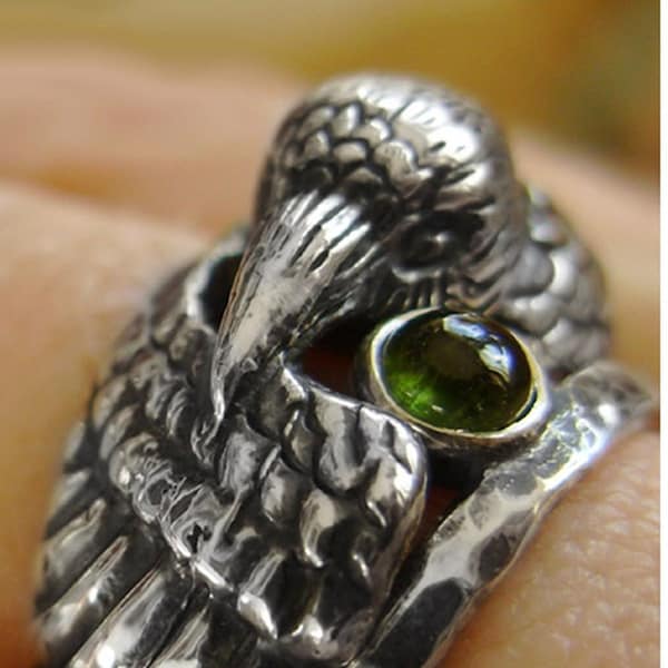 Raven Ring with Green Tourmaline Companion - Crow Ring for Witches and Norse Mythology Lovers
