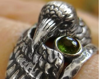 Raven Ring with Green Tourmaline Companion - Crow Ring for Witches and Norse Mythology Lovers