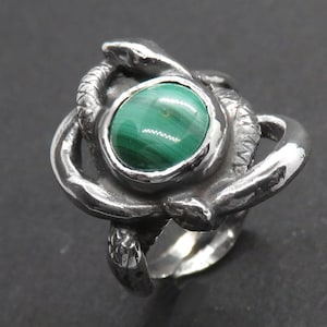 Mythical Serpents Ring with Malachite or Another Semiprecious Stone of Your Choice - Occult Snake Ring in Sterling Silver