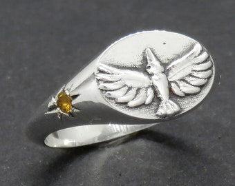 Pinky Signet Ring with Raven and two Citrines - Dainty Sterling Silver Signet Ring for Women