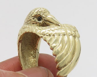 Raven Ring in 14K Yellow Gold with Black Diamond Eyes - Pagan Wedding Ring