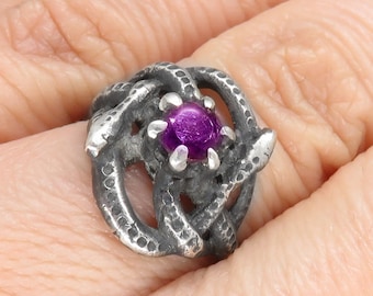 Celtic Knot Ring in Sterling Silver with Two Snakes and Amethyst - Silver Snake Ring - Serpent Ring