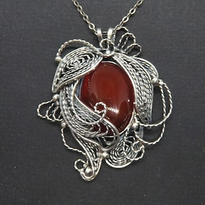 Floral Filigree Pendant with Carnelian - OOAK Red Stone Necklace - Boho Pendant - Spirals and Swirls