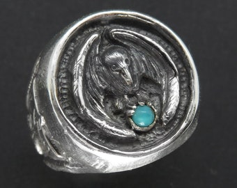 Raven Signet Ring met Mjölnir - Enorme Sterling Zilveren Ring voor Heren met Odin's Raven Hugin en Thor's Hammer Mjolnir