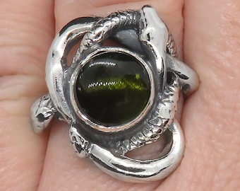 Entwined Serpents Ring with Dark Green Tourmaline - Sterling Silver Snake Ring - Occult Ring