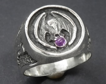 Raven Signet Ring with Feather Design and an Amethyst - Huge Men's Sterling Silver Ring with Odin's Raven Hugin