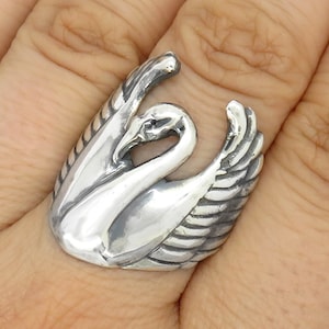 Large Swan Ring in Sterling Silver with Patina - Bird Jewelry
