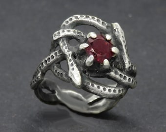 Celtic Knot Ring in Sterling Silver with Two Snakes and Garnet - Silver Snake Ring - Serpent Ring