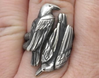 Two Ravens with Black Diamond Eyes Double Ring - Huginn and Muninn Ring - Nordic Mythology Jewelry