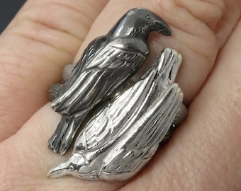 Double Ring with Two Ravens - Huginn and Muninn Ring