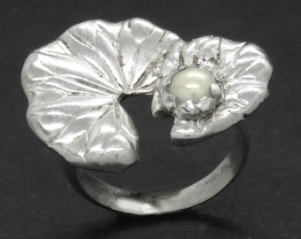 Lotus Leaf Ring with White Pearl - Sterling Silver Water Lily Leaf Ring with a Gemstone of Your Choice