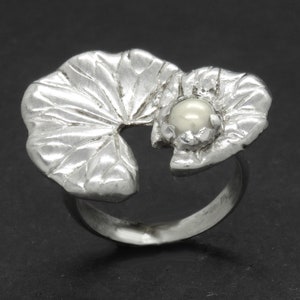 Lotus Leaf Ring with White Pearl - Sterling Silver Water Lily Leaf Ring with a Gemstone of Your Choice