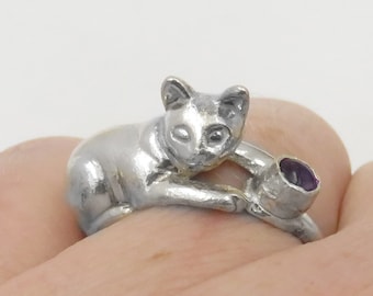 Cat Ring - Cat Playing with Ball - Sterling Silver Cat with Amethyst, Topaz, Tourmaline or other Semiprecious Stone - Gift for a Cat Lover