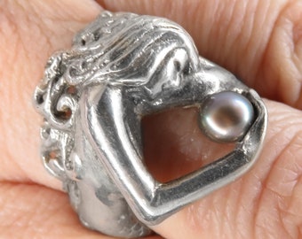 Zeemeermin Ring met Grijze Parel in Sterling Zilver - Fantasy Fairy Tale Ring