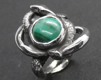 Entwined Serpents Ring with Malachite - Sterling Silver Snake Ring - Occult Ring