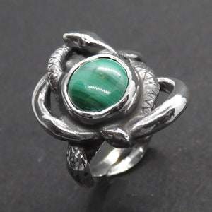 Entwined Serpents Ring with Malachite - Sterling Silver Snake Ring - Occult Ring