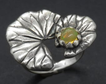 Lotus Leaf Ring with Opal - Sterling Silver Water Lily Leaf Ring with a Gemstone of Your Choice