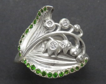 Lily of the Valley Ring in Sterling Silver with White Diamonds and Green Chrome Diopsides