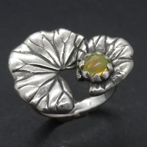 Lotus Leaf Ring with Opal - Sterling Silver Water Lily Leaf Ring with a Gemstone of Your Choice