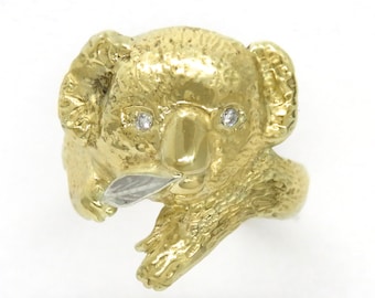 Cute Koala Ring in 14K Yellow Gold with White Diamond Eyes and Sterling Silver Leaf - Cute Animal Ring - Animal Jewelry