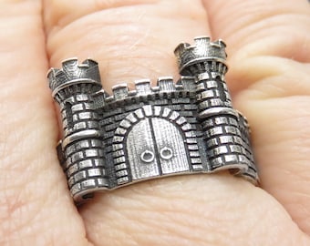 Sterling Silver Fantasy Castle Ring - Fairy Tale Medieval Tower Band