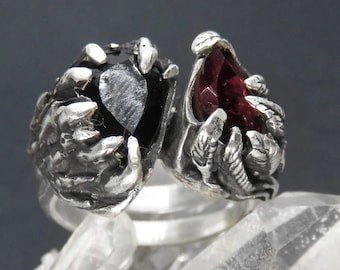 Gothic Engagement and Wedding Ring Set - Hades and Persephone - Double Ring in Sterling Silver with Teardrop Garnet and Black Spinel