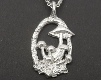 Mushrooms Pendant in Sterling Silver - Witch Pendant with growing Mushrooms - Highly Polished Handmade 925 Silver Necklace