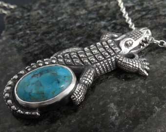 Alligator Necklace with Turquoise - Large Crocodile Pendant with Gemstone - Men's Lizard Pendant with the Stone of Your Choice