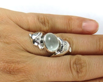 Dolphin Ring with Milky Aquamarine - Sculpted Silver Ring with Oval Stone - Animal Ring - Totem Ring - Ocean Ring - Aquamarine Ring