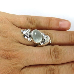 Dolphin Ring with Milky Aquamarine Sculpted Silver Ring with Oval Stone Animal Ring Totem Ring Ocean Ring Aquamarine Ring image 1