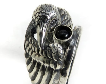 Zwarte Raven Ring met Onyx Companion - Dubbele Ring in Sterling Zilver - Occulte ring - Biker Ring - Gothic Ring - Totem Animal