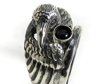 Black Raven Ring with Onyx Companion - Double Ring in Sterling Silver - Occult ring - Biker Ring - Gothic Ring - Totem Animal