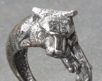 Tiger Ring - Silver Animal Ring - Totem Ring - Sculpted Sleeping Tigress Ring in Sterling Silver - Animal Jewelry - Pagan Jewelry