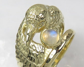 14K Gold Raven Ring with Moonstone - Pagan Wedding Ring - Double Ring - Engagement and Wedding Ring Set -  Bird Ring - Original Wedding Ring