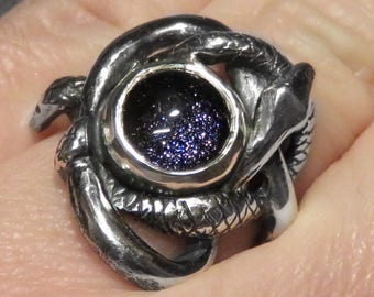 Blue Goldstone Ring - Starry Sky - Black Stone Ring - Two Serpents Occult Ring - Witch Ring - Entwined Snakes Ring - Serpent Jewelry