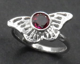 Asymmetrical Sterling Silver Butterfly Ring with Garnet