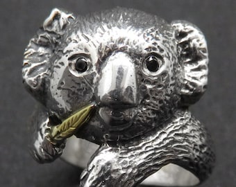 Cute Koala Ring with Black Diamond Eyes and 14K Yellow Gold Leaf - Cute Animal Ring - Animal Jewelry