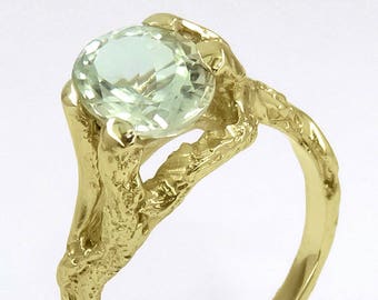 14K Yellow Gold Ring with Green Aquamarine - Organic Jewelry Design