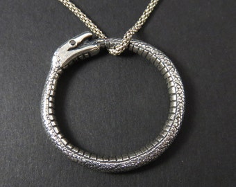 Ouroboros Snake Pendant - Silver Serpent with Black Diamond Eyes Necklace - Esoteric Jewelry - Egyptian Occult Symbol -Snake Biting Its Tail