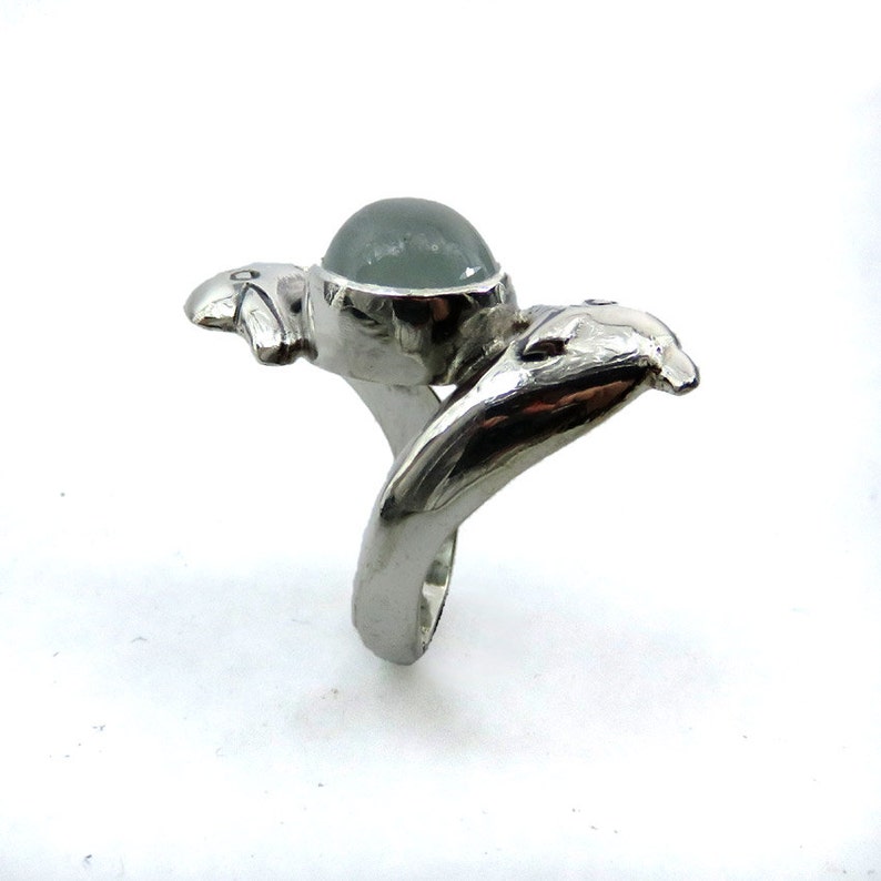 Dolphin Ring with Milky Aquamarine Sculpted Silver Ring with Oval Stone Animal Ring Totem Ring Ocean Ring Aquamarine Ring image 4